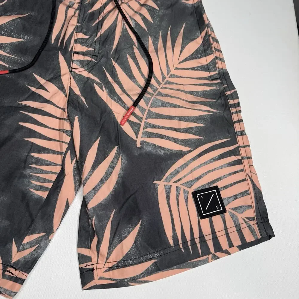 American Eagle Board Shorts Mens 30 Black Pink Palm Print Swim Trunks Beach